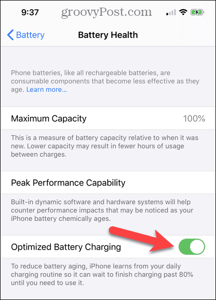 Aktivieren oder deaktivieren Sie das optimierte Laden des Akkus auf dem Bildschirm "iPhone Battery Health"