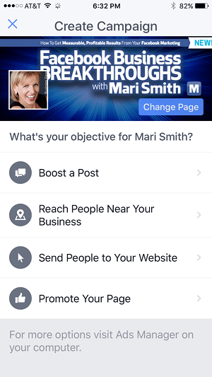 Facebook-Anzeigen-Dashboard in der Facebook Pages Manager-App