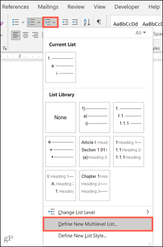 Wählen Sie Neue mehrstufige Liste in Word definieren