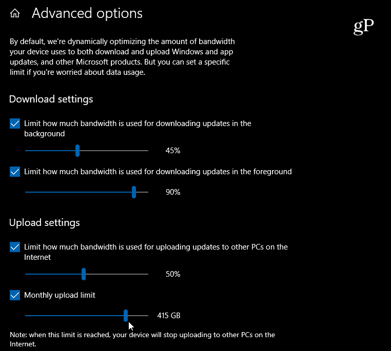 Windows 10 Legen Sie die Einstellungen für das Herunterladen und Hochladen der Bandbreite fest