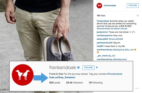 Frank und Oak Beispiel für das Hinzufügen von Links zu Ihrer Instagram-Biografie