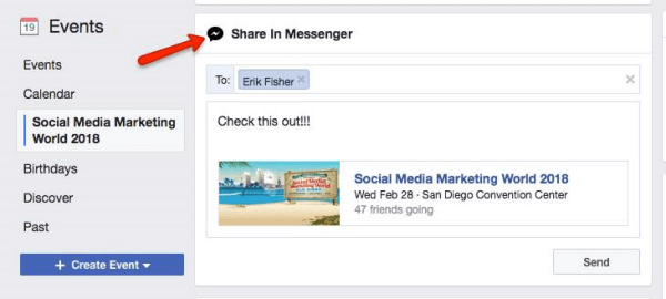 Facebook fordert Benutzer auf, ein in Facebook entdecktes Ereignis mit anderen Messenger-Benutzern zu teilen.