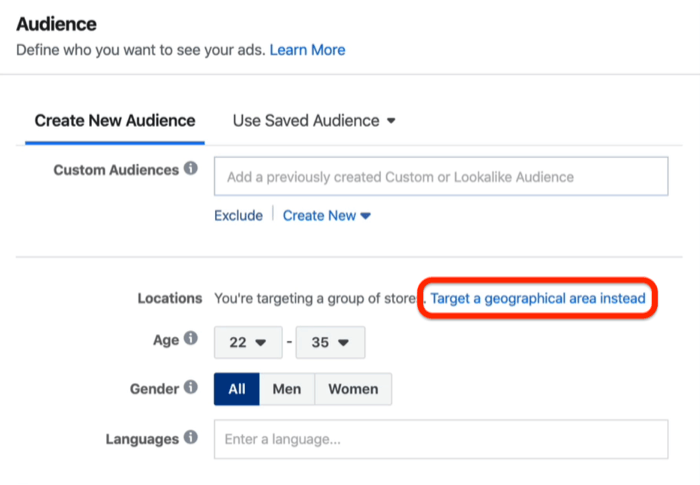 Wählen Sie stattdessen eine Option für ein geografisches Gebiet im Facebook Ads Manager