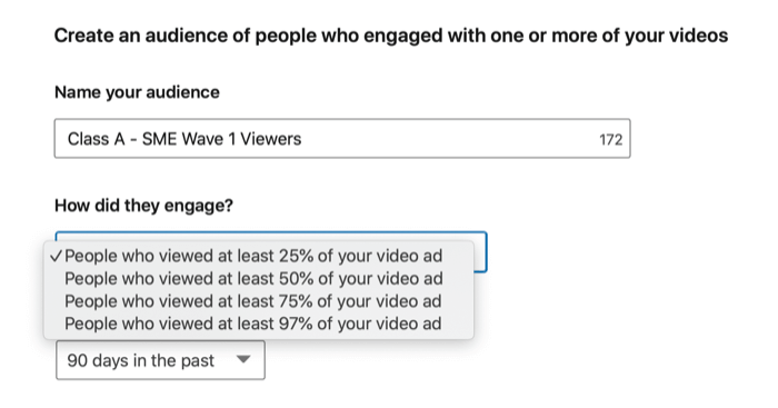 linkedin erstellt Zielgruppendetails wie den Namen des Publikums, die Quelle des Engagements und den Zeitraum für dieses Engagement