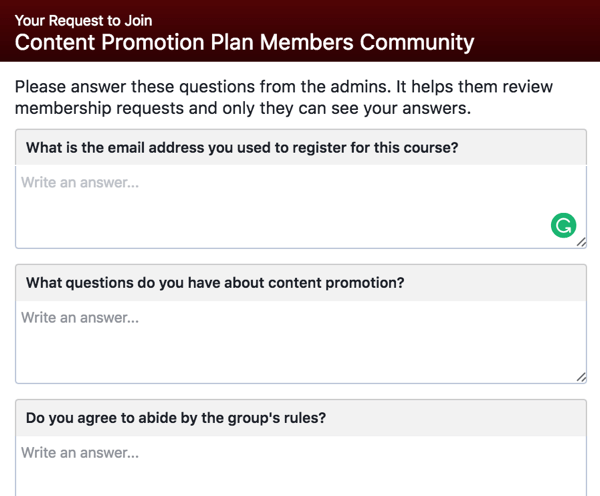 Bitten Sie potenzielle Facebook-Gruppenmitglieder, qualifizierende Fragen zu beantworten.