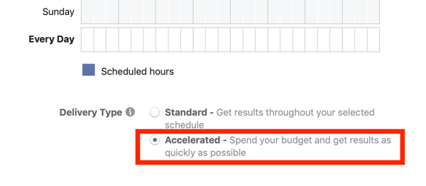 Tipps zur Senkung Ihrer Facebook-Anzeigenkosten, Option zur Auswahl der beschleunigten Lieferung für Ihre Kampagne