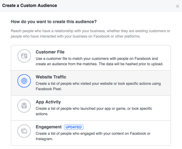 Wählen Sie Website-Verkehr, um eine benutzerdefinierte Zielgruppe zu erstellen, die auf Personen basiert, die Ihre Website besucht haben.
