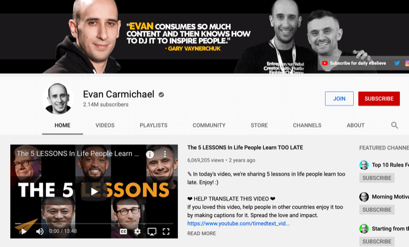 YouTube-Kanalseite für Evan Carmichael