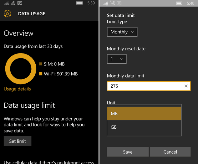 Datennutzung Windows 10 Mobile