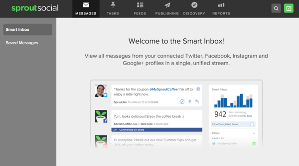 Sprout Social bietet einen intelligenten Posteingang, mit dem Sie Nachrichten aus mehreren sozialen Profilen an einem Ort anzeigen können.