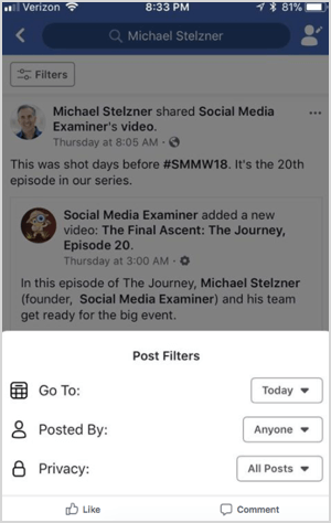 Facebook-Profilsuchfilterfunktion in freier Wildbahn von Mike Stelzner gefunden.