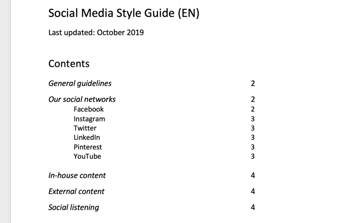 Screenshot des Inhaltsverzeichnisses des Social Media Style Guides
