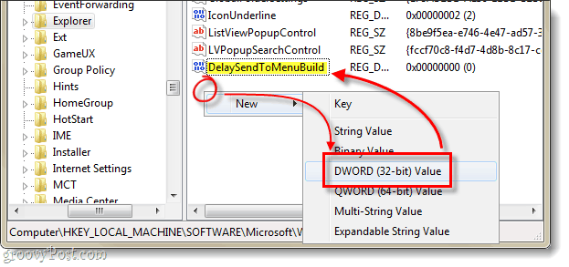 Verzögern Sie die Erstellung von Dwords zum Senden an das Menü in Windows 7