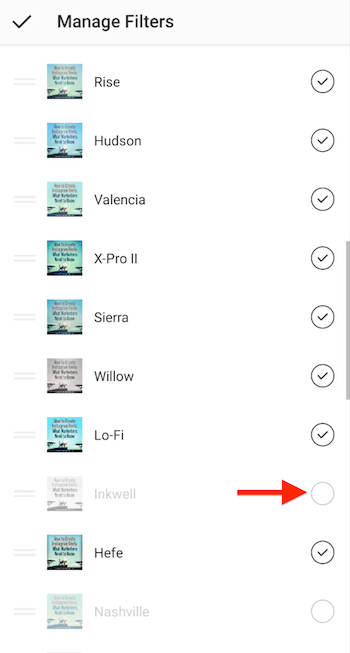 Verwalten der Menüoptionen für Instagram-Filter mit Häkchen neben den im Auswahlbildschirm enthaltenen Filtern, wobei ein nicht aktivierter Filter hervorgehoben wird, der dem Filterauswahlbildschirm hinzugefügt werden soll