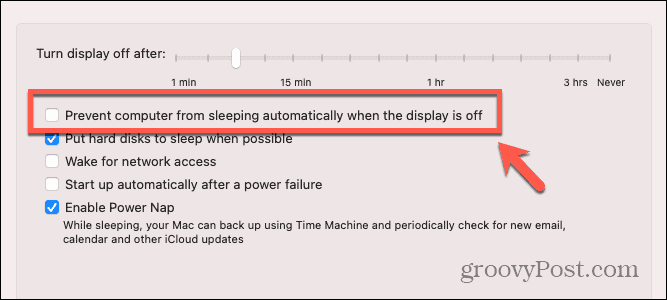 Kontrollkästchen „Mac verhindern, dass der Mac in den Ruhezustand wechselt, wenn die Anzeige ausgeschaltet ist“.