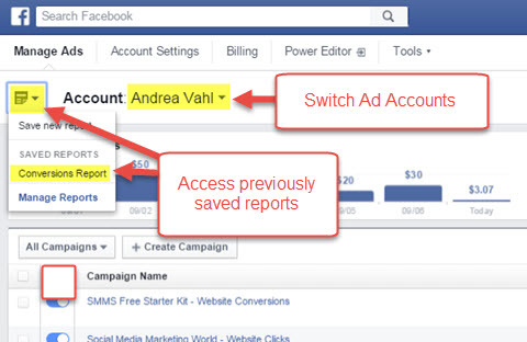 Der Facebook Ads Manager hat Berichte gespeichert