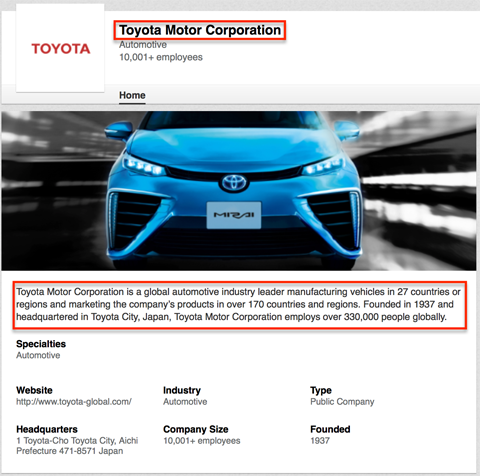 Toyota Linkedin Unternehmensseitenelemente, die in Google-Suchergebnissen angezeigt werden