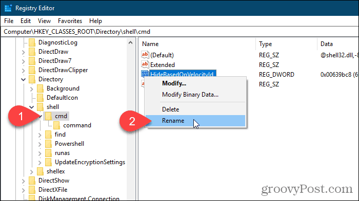 Wählen Sie im Windows-Registrierungseditor die Option Umbenennen für den Wert HideBasedOnVelocityId aus