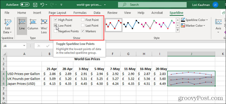 Optionen für Sparklines in Excel anzeigen