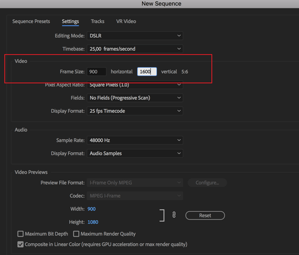 Option zum Festlegen der Bildrate für Ihre Sequenz in Adobe Premier Pro.