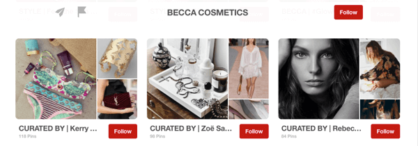 Beispiel für Gästetafeln auf Pinterest, die von Influencern für Becca Cosmetics kuratiert wurden.