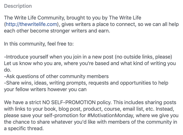 So verbessern Sie Ihre Facebook-Gruppen-Community, Beispiel für eine Facebook-Gruppenbeschreibung und Regeln von The Write Life Community