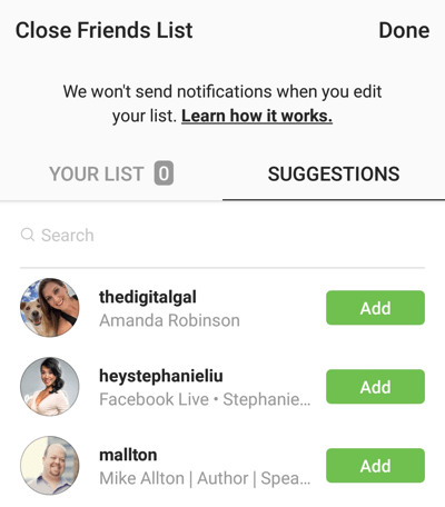 Klicken Sie auf Hinzufügen, um einen Freund zu Ihrer Liste der engen Freunde auf Instagram hinzuzufügen.