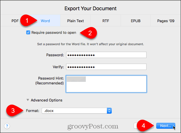 Dialogfeld "Dokument exportieren" unter "Seiten für Mac"