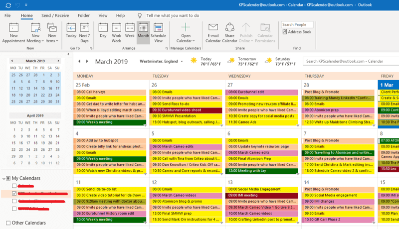 Social Media Marketing Strategie; Screenshot unseres Outlook-Kalenders zeigt, wie wir jede Implementierungsaktion planen, um sicherzustellen, dass sie ausgeführt wird.