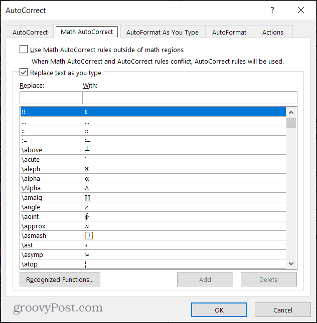 Math AutoCorrect in Word unter Windows