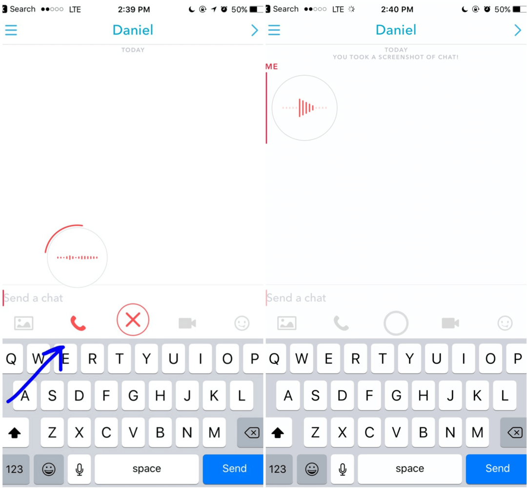 Halten Sie in Snapchat das Telefonsymbol gedrückt, um eine Sprachnachricht aufzuzeichnen, die Ihr Kunde beim nächsten Anmelden sehen wird.