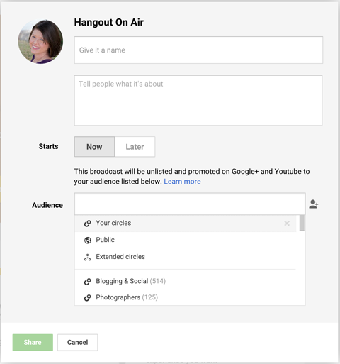 Auswahl des Google Hangout-Publikums