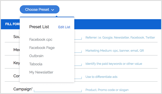 Voreinstellungen für die Chrome-Erweiterung von Google URL Builder