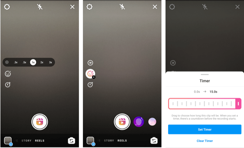 Screenshots mit den Timer-Optionen und -Einstellungen der Instagram-Rollen 