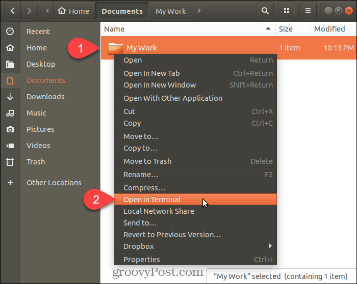 Wählen Sie Open in Terminal in Ubuntu Linux