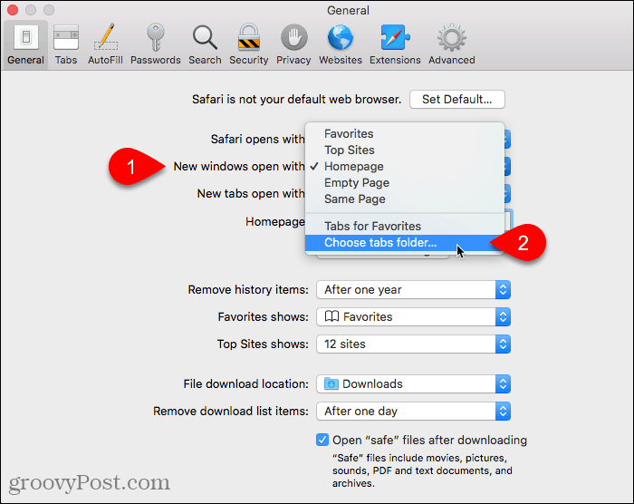 Wählen Sie Registerkartenordner für Neue Fenster auswählen, die mit der Einstellung in Safari auf Mac geöffnet werden