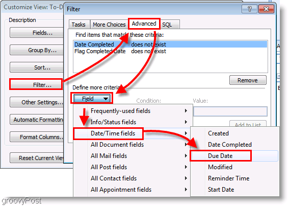 Screenshot: Outlook 2007-Aufgabenleisten-Setup-Filter