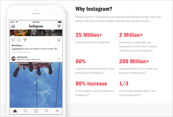 Instagram hat eine Webseite mit dem Titel "Warum Instagram?" das teilt wichtige Statistiken über Instagram und Instagram Stories für Unternehmen.