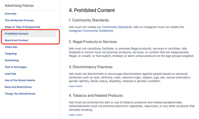 Verbotener Inhalt der Facebook-Werberichtlinien
