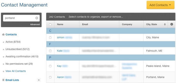 Beispiel für eine segmentierte E-Mail-Liste zur Kontaktverwaltung