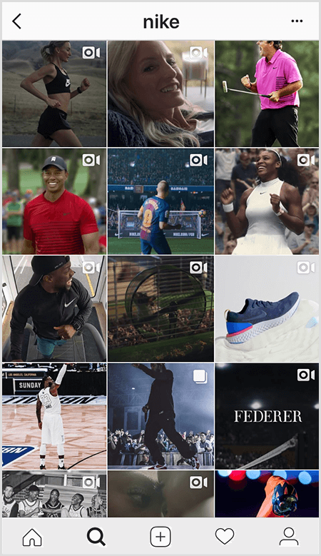 In den Instagram-Posts von Nike gibt es eine Reihe von Athleten, die Nike-Ausrüstung tragen, aber nur wenige Bilder im Feed enthalten Text.