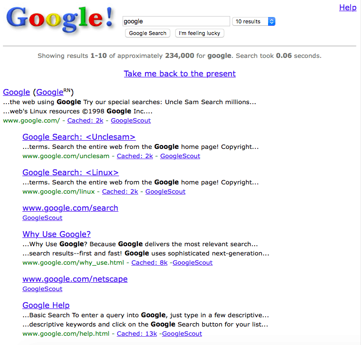 Freitagsspaß: Gehen Sie zurück zu Web 1.0, indem Sie "Google in 1998" googeln.