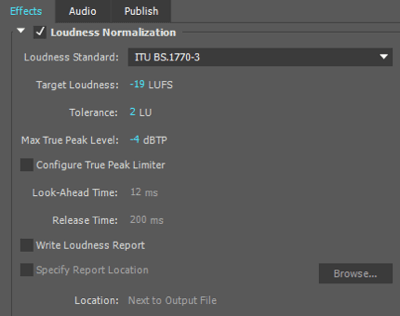 Ich verwende diese Einstellungen für die Lautheitsnormalisierung, wenn ich meine Audiodatei in Adobe Premiere exportiere.