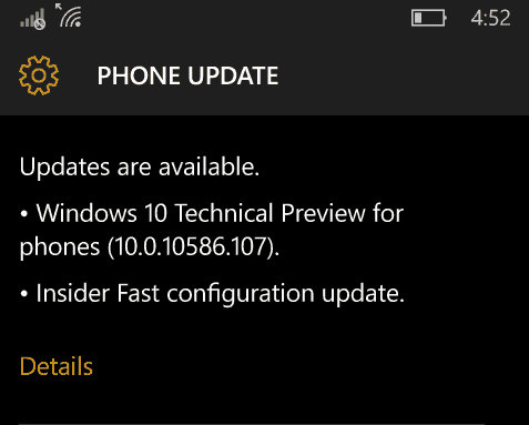 Windows 10 Mobile Insider Preview Build 10586.107 und Release Preview Ring