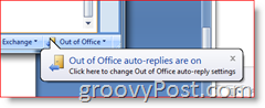 Untere rechte Ecke von Outlook 2007 – Erinnerung für automatische Abwesenheitsantworten aktiviert