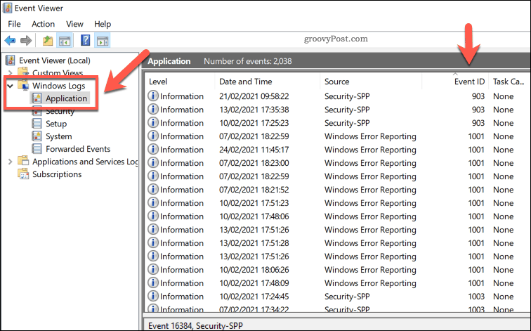 Eine Liste der Windows-Anwendungsprotokolle in der Ereignisanzeige