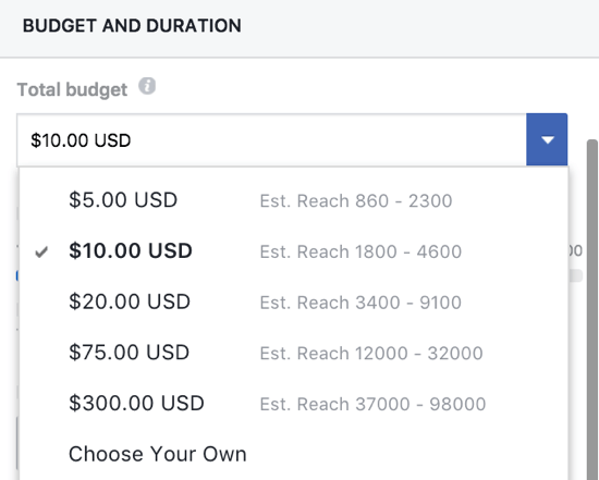Sie können manuell ein Budget für Ihren Facebook-Beitrag festlegen.