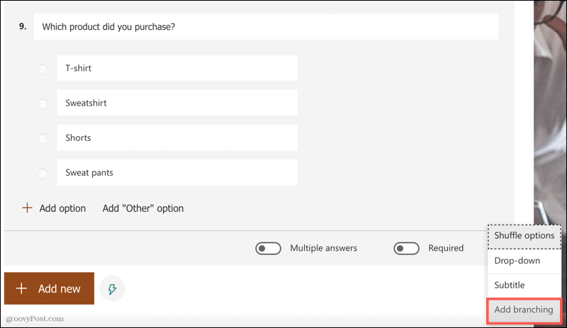 Hinzufügen einer Verzweigung zu einer Umfrage in Microsoft Forms