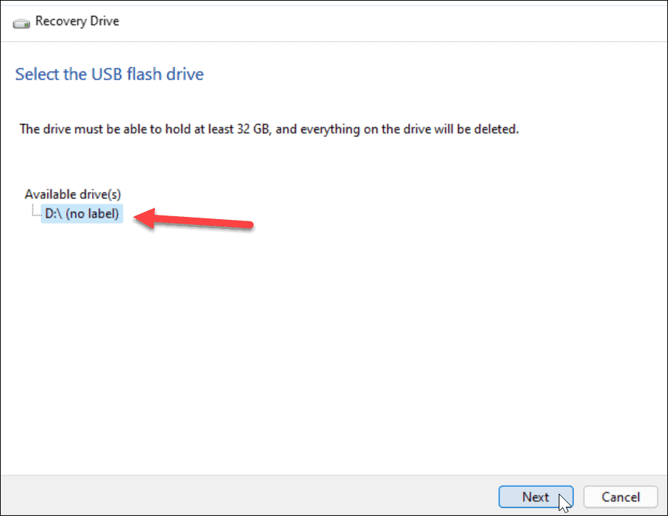 Wählen Sie das Wiederherstellungslaufwerk Windows 11