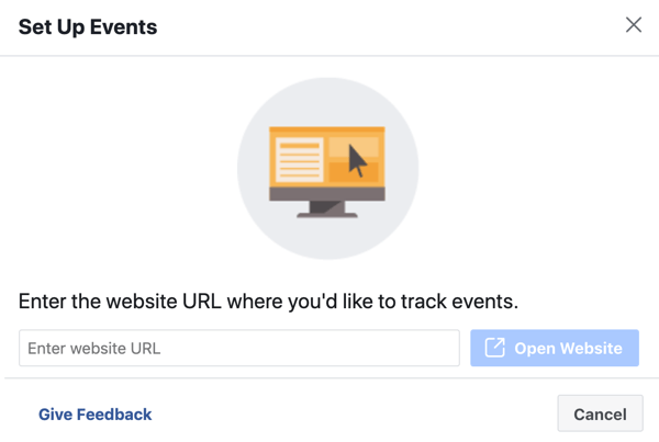Verwenden Sie das Facebook Event Setup Tool, Schritt 3, und geben Sie die Website-URL ein, um das Pixelereignis zu installieren